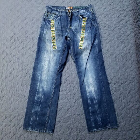 Akademiks Jeans 34x34 Blue Native Warriors Aztec Graphic Print Straight Dark